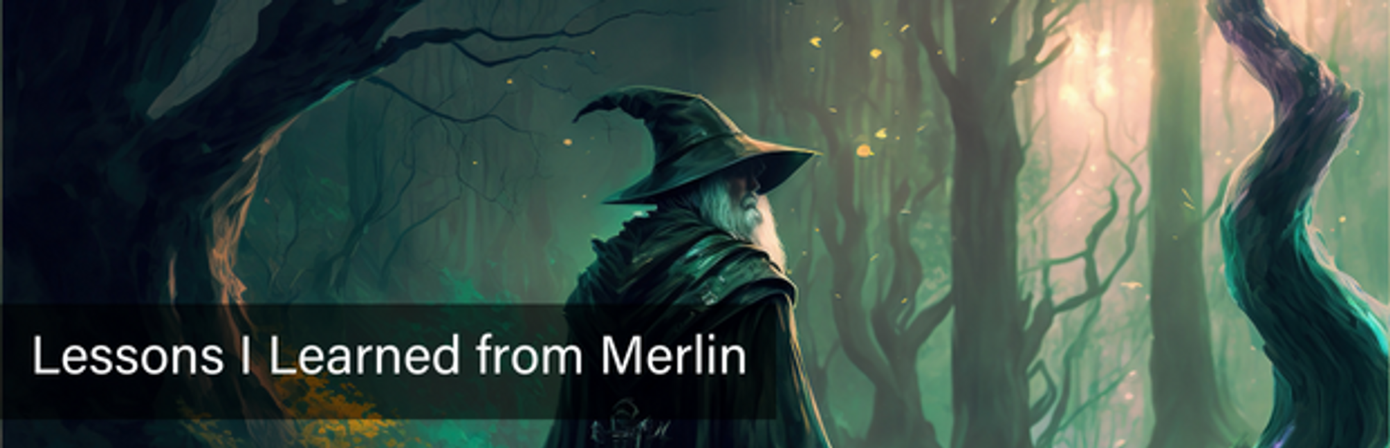 Wizard named Merlin walking through an animated forest.