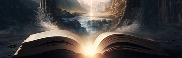 Fantasy image of an open book with nature in the background