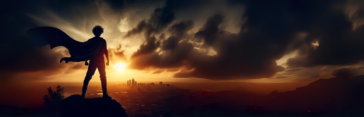 Silhouette of a young figure wearing a cape overlooking a city