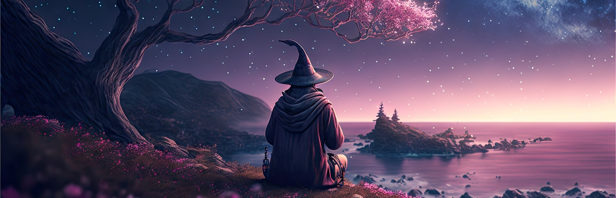 Ancient wizard overlooking a fantasy landscape