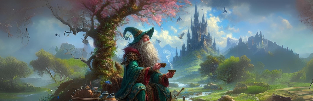 wizard sitting under a tree in nature with castle in the background
