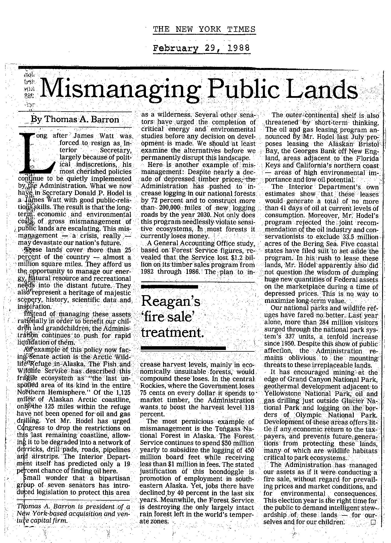 Image of article Mismanaging Public Lands by T. A. Barron for The New York Times