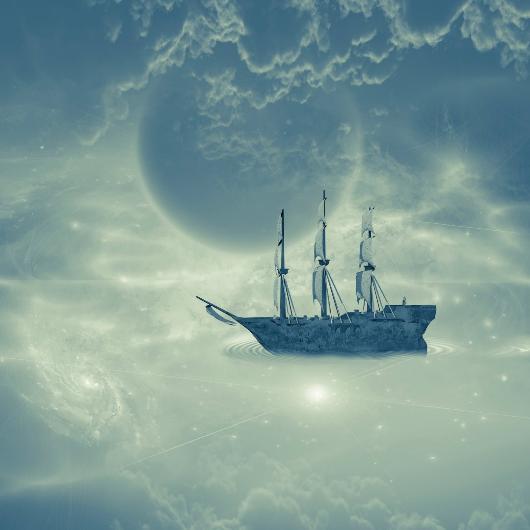 A fantasy ship sailing in the sky with  clouds and a moon