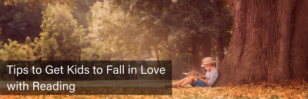 Child reading under tree with text overlay, "Tips to Get Kids to Fall in Love with Reading"