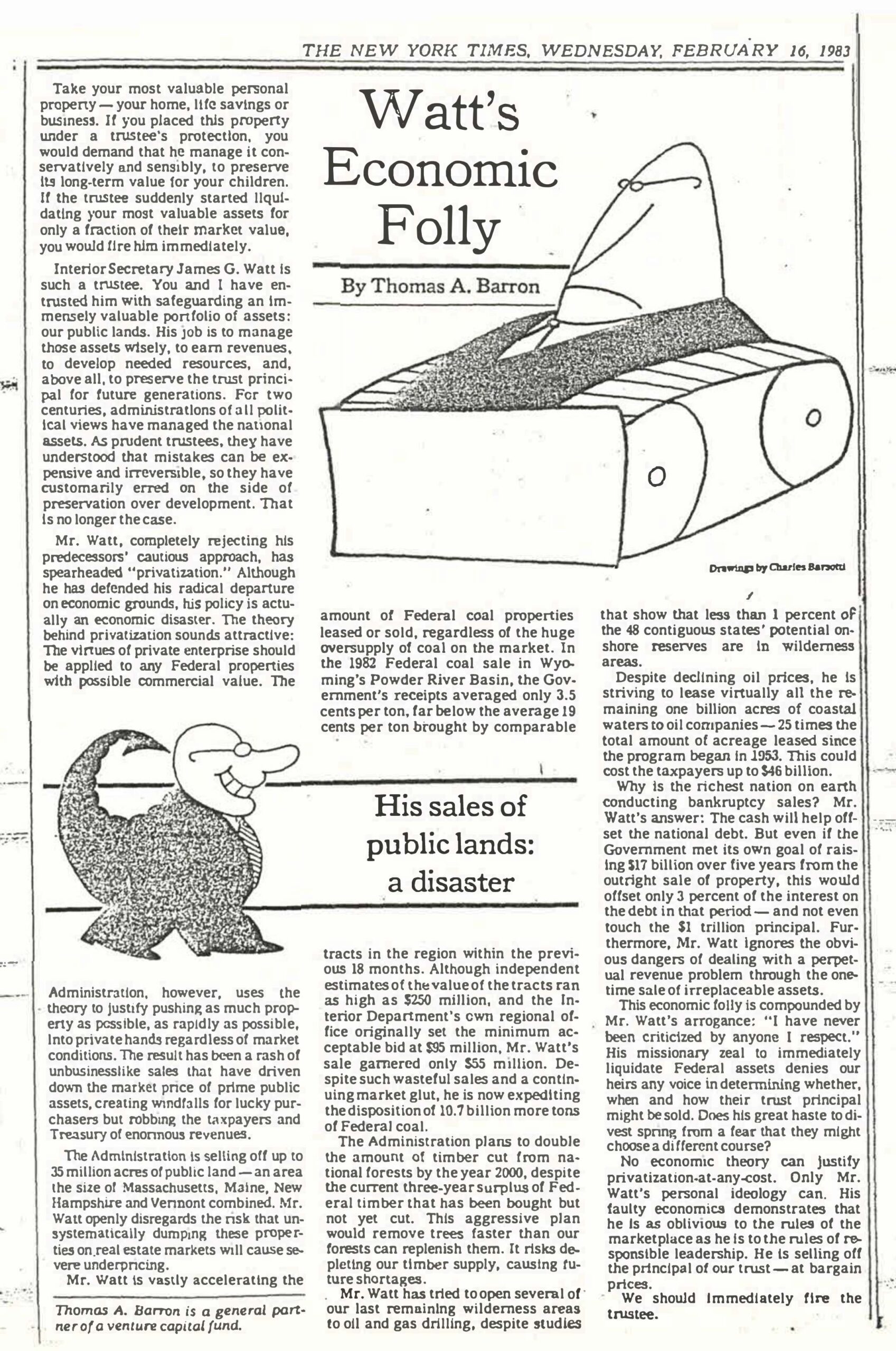 An image of an article written by T. A. Barron for the New York Times titled Watt's Economic Folly