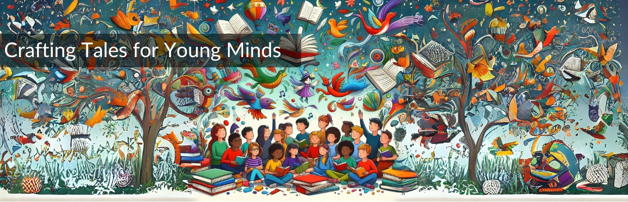 A whimsical illustration featuring children immersed in a world of colorful books, characters, and magical creatures, embodying the magic of storytelling for young readers.